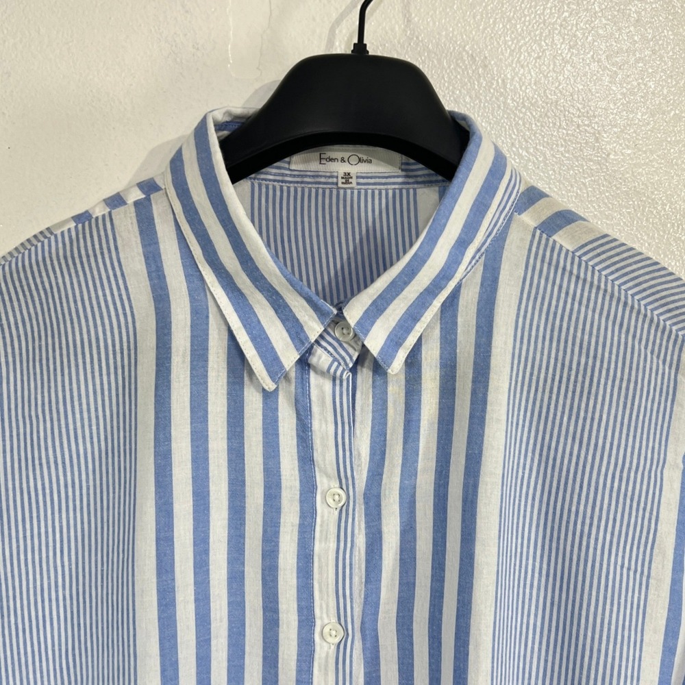 Eden & Olivia Blue White Striped Button Up Shirt 3X Roll Tab Coastal Preppy Boho - Picture 4 of 10